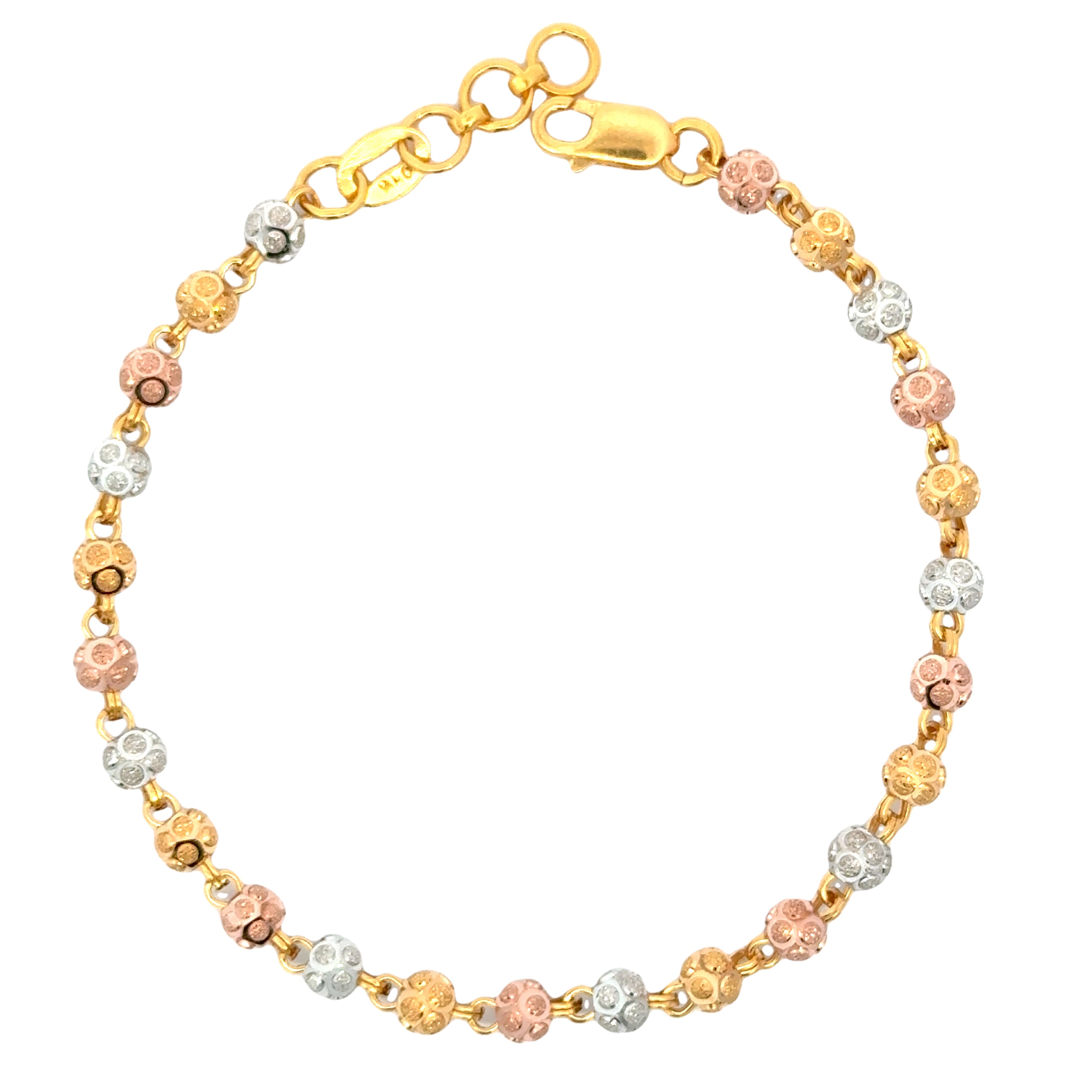 22k Three Tone Gold Ball-Bead Bracelet measuring 4mm thickness x 7 inch length