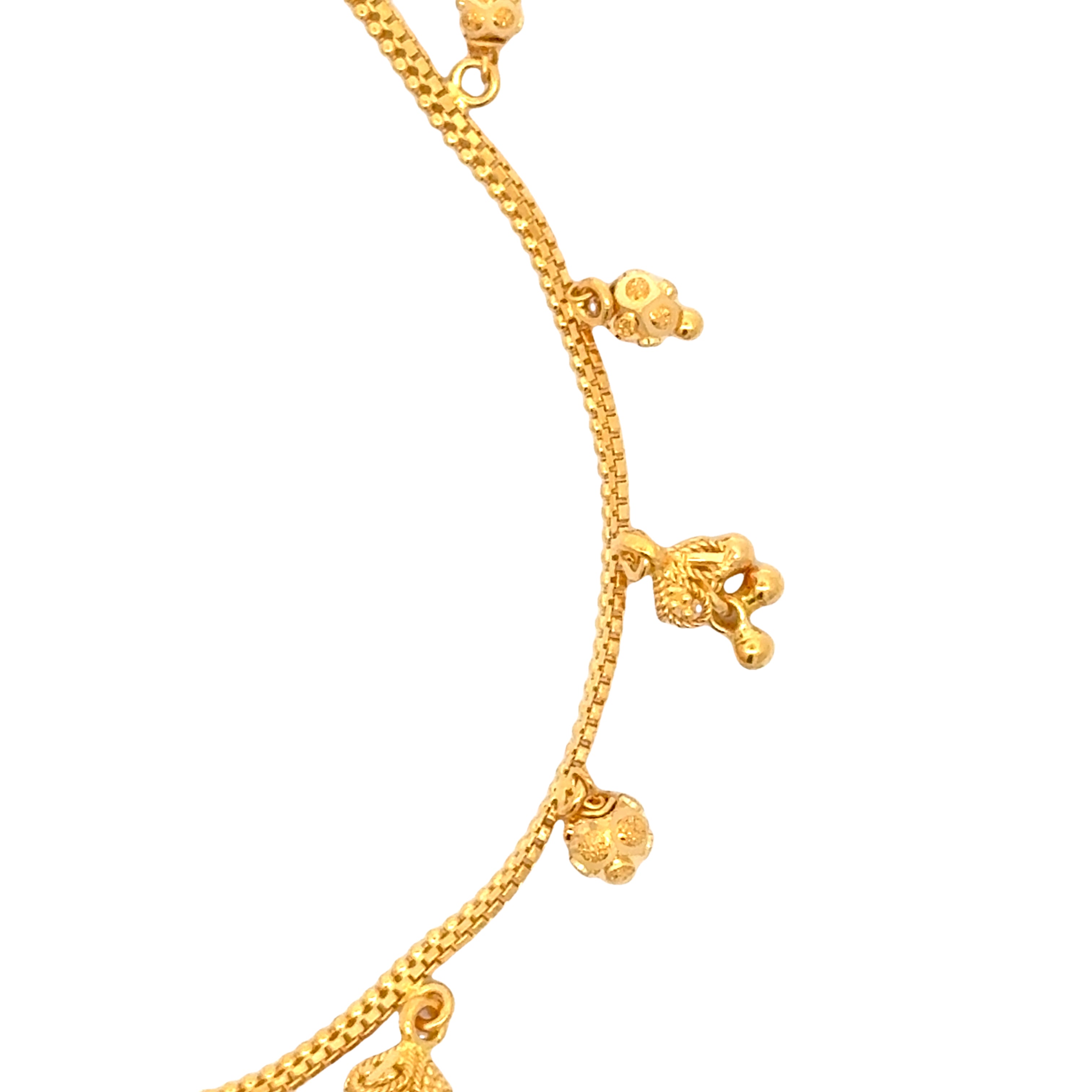 22k Yellow Gold Charm Chain Bracelet measuring 2mm thickness x 7.5 inch length