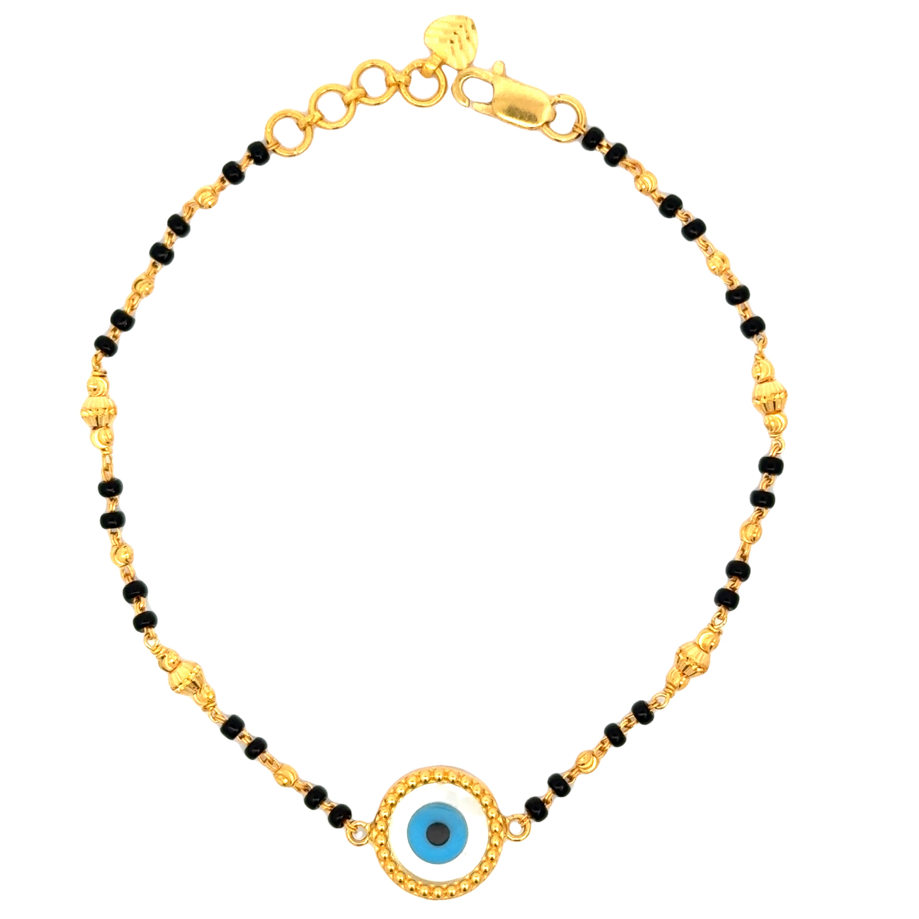 22k Yellow Gold Evil Eye Mangalsutra Bracelet measuring 3mm thickness x 7.25 inch length