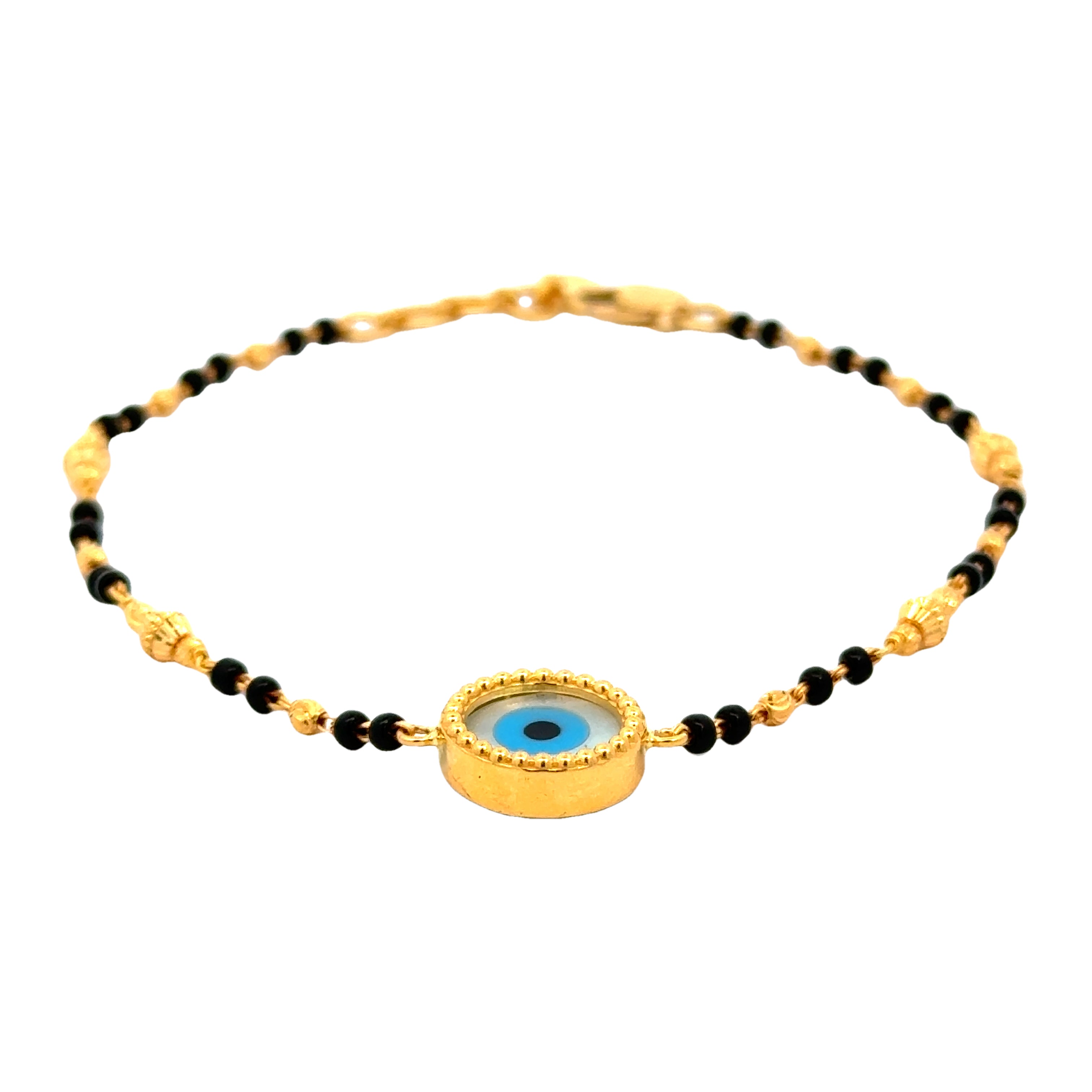 22k Yellow Gold Evil Eye Mangalsutra Bracelet measuring 3mm thickness x 7.25 inch length