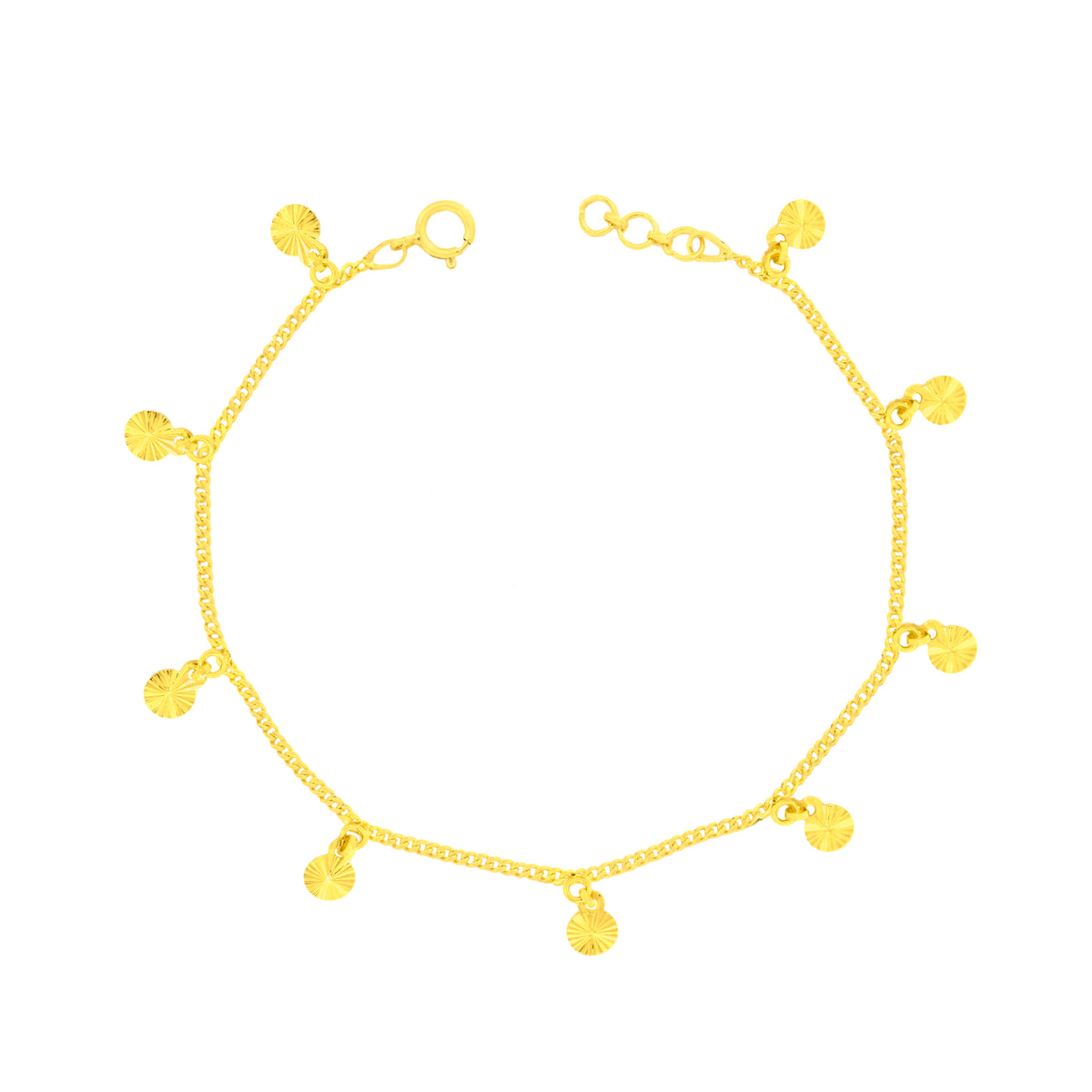 22K Yellow Gold Circle Charm Bracelets measuring 0.8mm thickness x 7.5 inch length