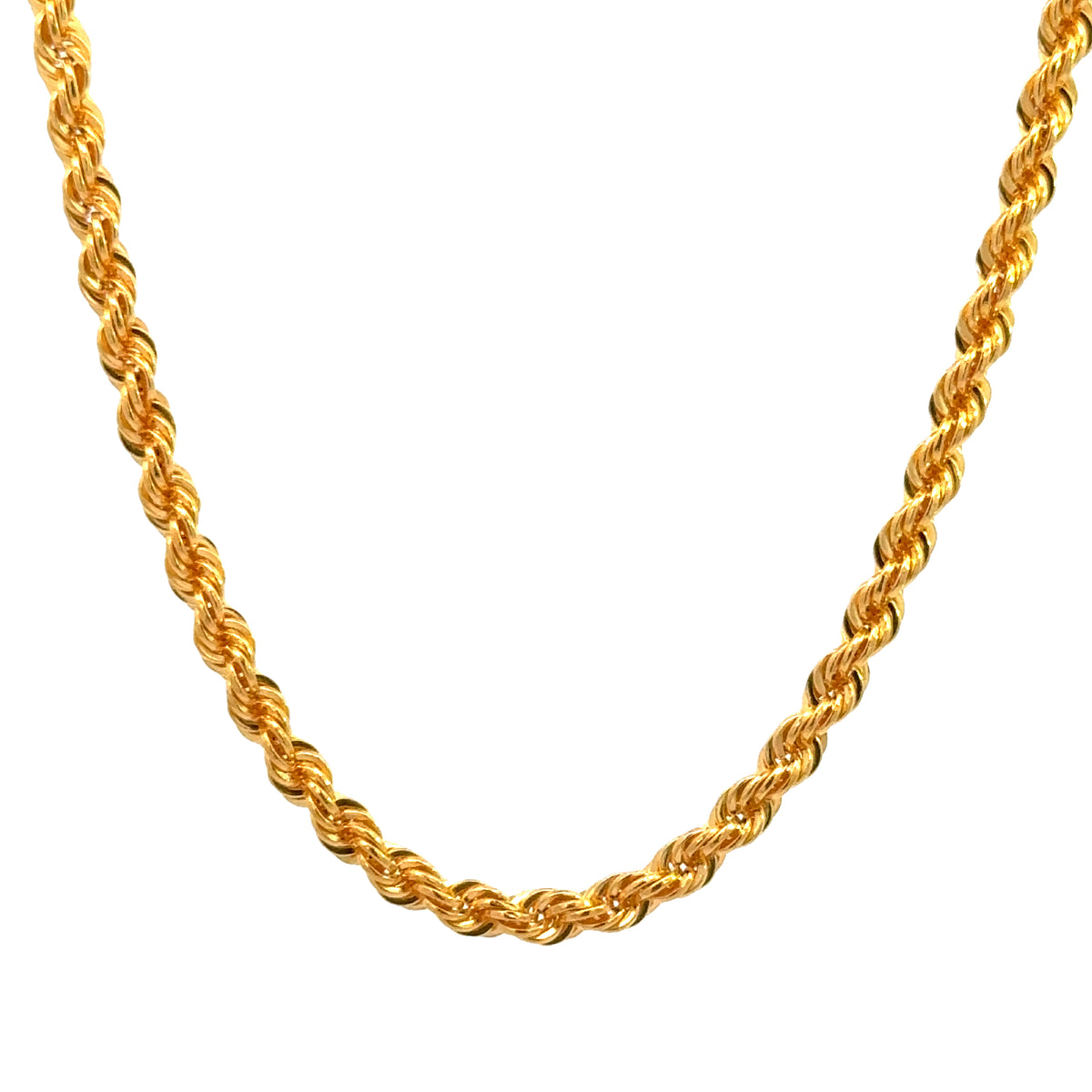 22k Yellow Gold Hallow Rope Chain measuring 2mm width x 24 inch length