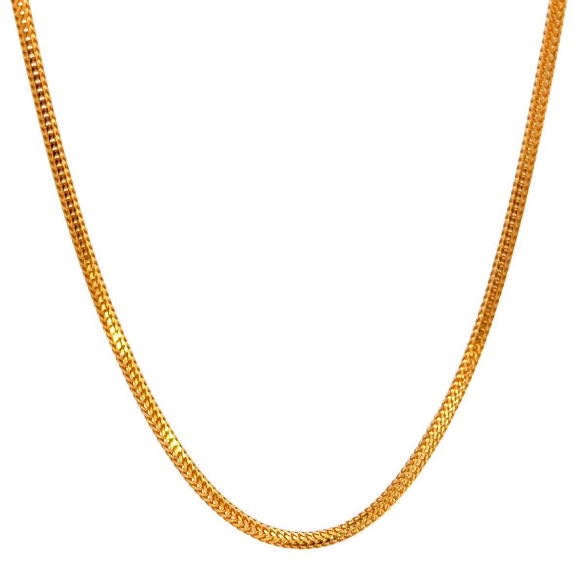 22k Yellow Gold Round Fox Fancy Cutting Chain measuring 2mm width x 18 inch length