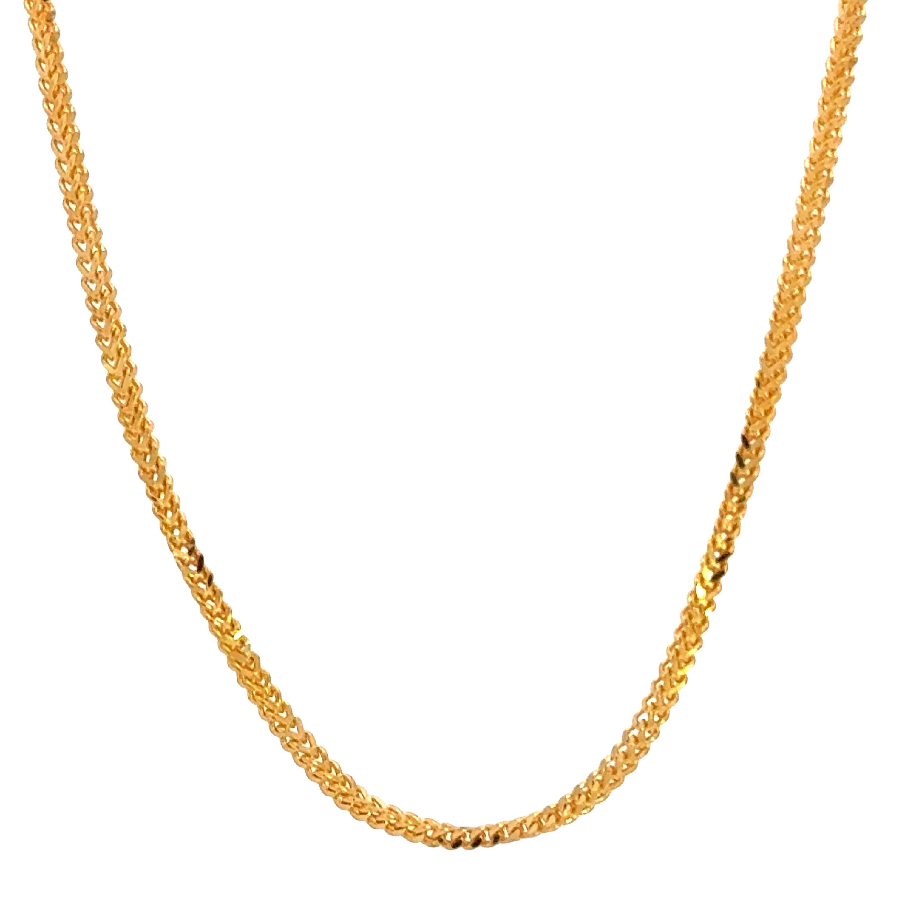 22k Yellow Gold Round Fox Chain measuring 2mm width x 18 inch length