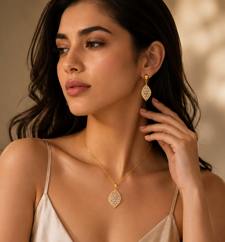 22K Three-Tone Gold Elegant Pendant and Earrings Set