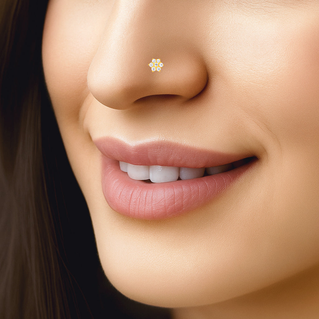 Pin Exsa 22K Yellow Gold Cubic Zirconia Extra Small Floral Nose Pin with Screwb ...