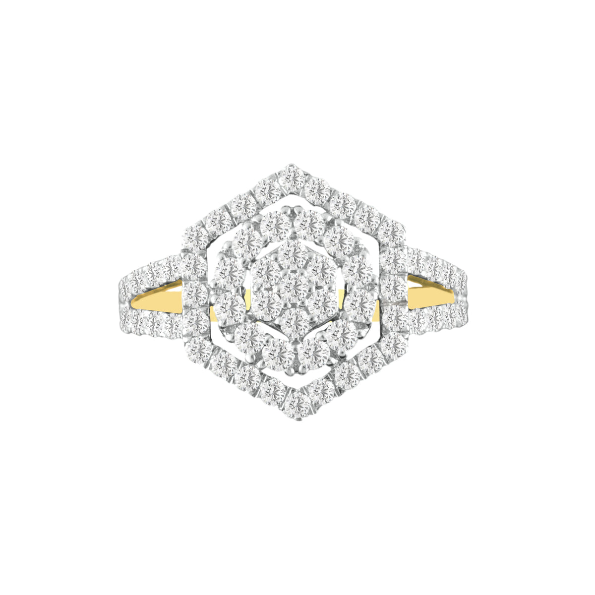 18k Yellow Gold and Diamond Hexagon Sparkle Fancy Ring in size 5.5 and total gold weight of 3.36g