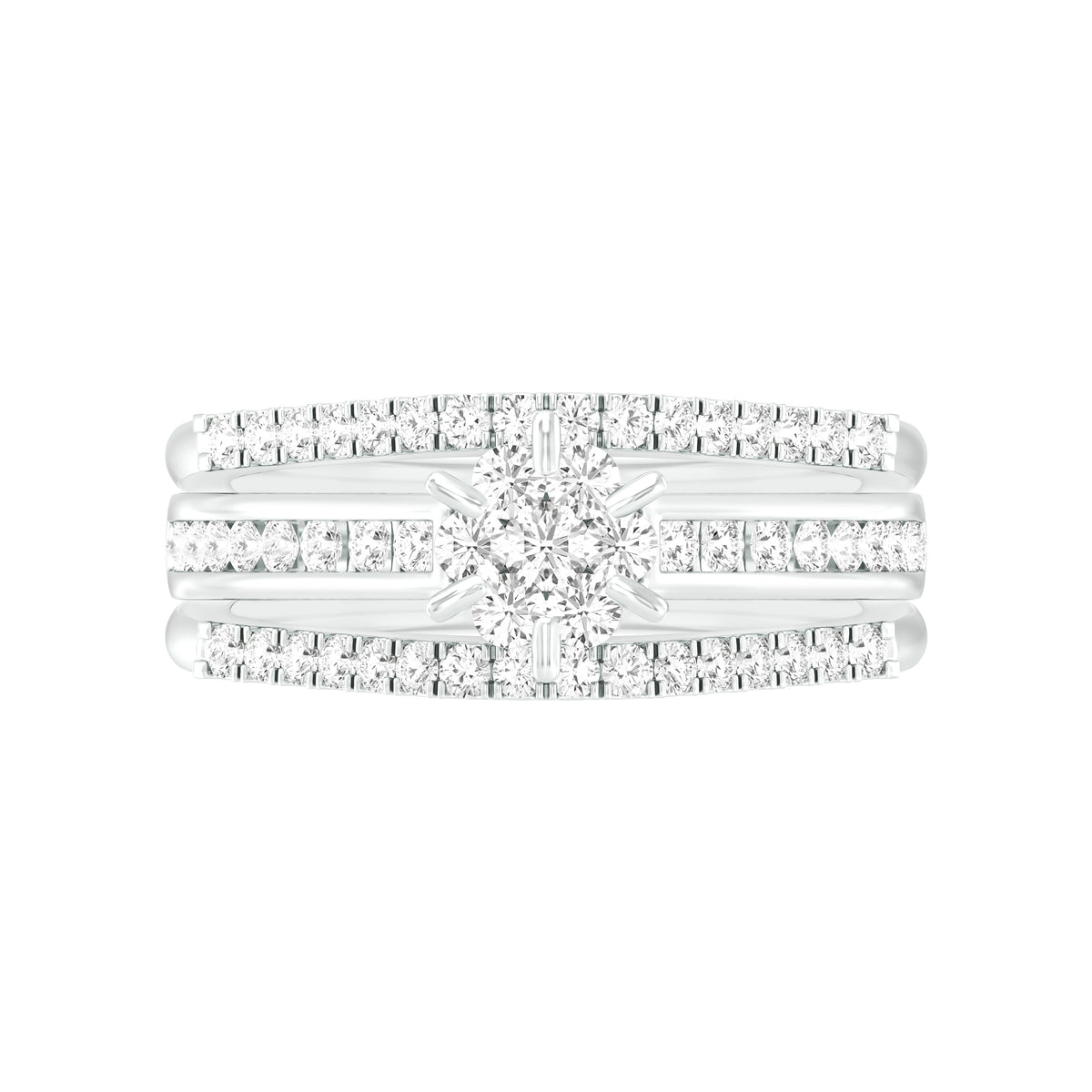 18k White Gold and Round Brilliant Cut Diamond Fancy Ring in size 5.5 and total gold weight of 5.92g