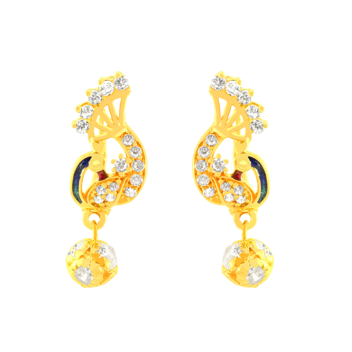 22k Yellow Cubic Zirconia Dangler Peacock Earrings with gold weight of 3.68g