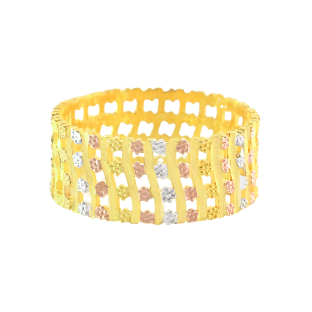 22k Three-Tone Gold Fancy Band Ring in size 8.5 and total gold weight of 4.77g