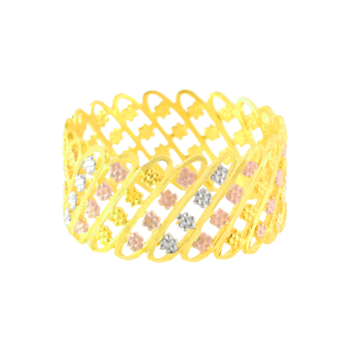 22k Three-Tone Gold Shimmering Fancy Band Ring in size 9 and total gold weight of 3.75g