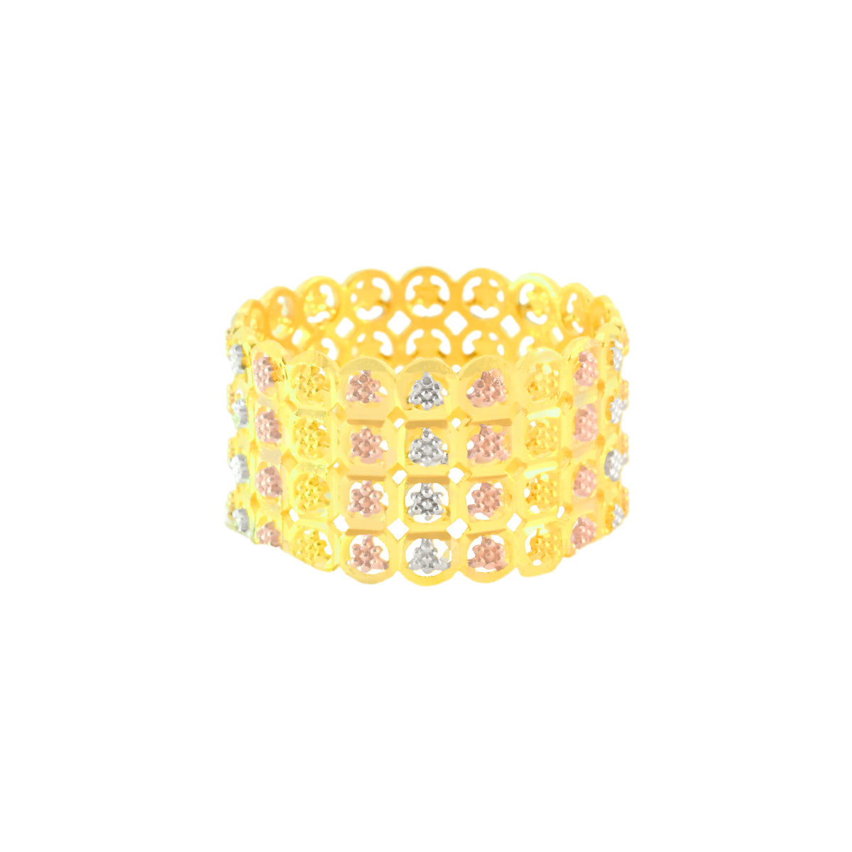 22k Three-Tone Gold Fancy Stunning Ring in size 8 and total gold weight of 4.84g