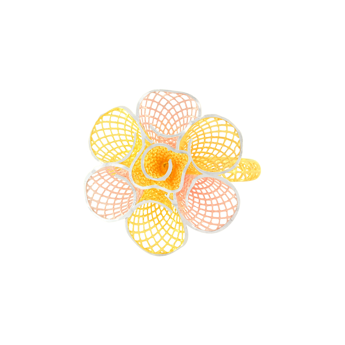 22k Three-Tone Gold Alluring Flower Ring in size 8.8 and total gold weight of 3.14g