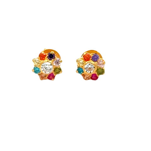 22k Yellow Gold Cubic Zirconia Navratna Stud Earrings with gold weight of 1.094g