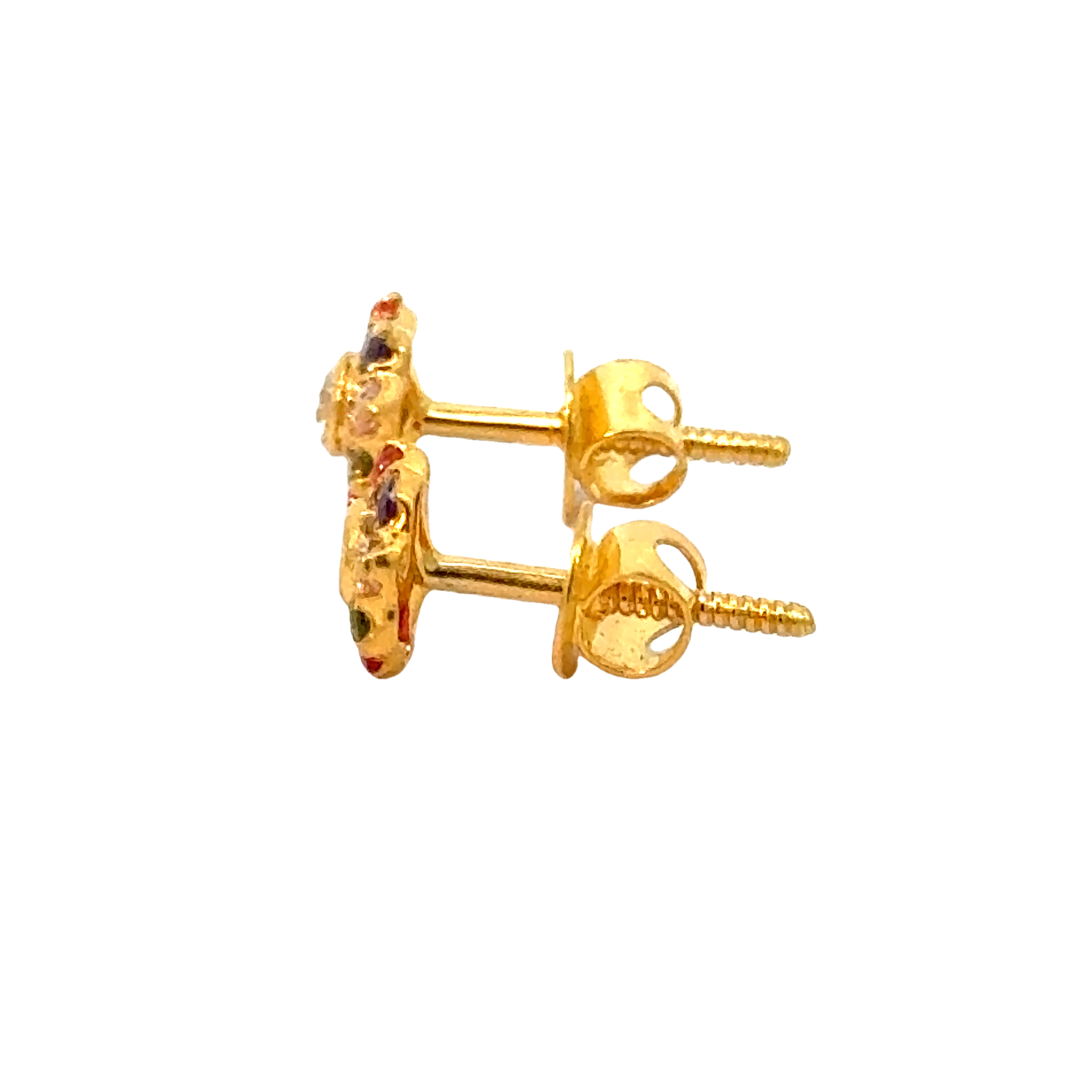 22k Yellow Gold Cubic Zirconia Navratna Stud Earrings with gold weight of 1.09g