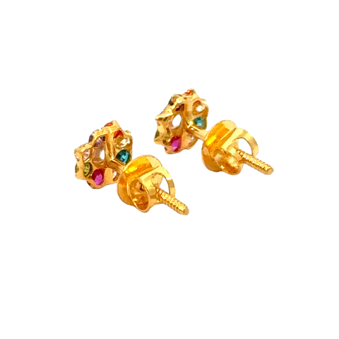 22k Yellow Gold Cubic Zirconia Navratna Stud Earrings with gold weight of 1.094g