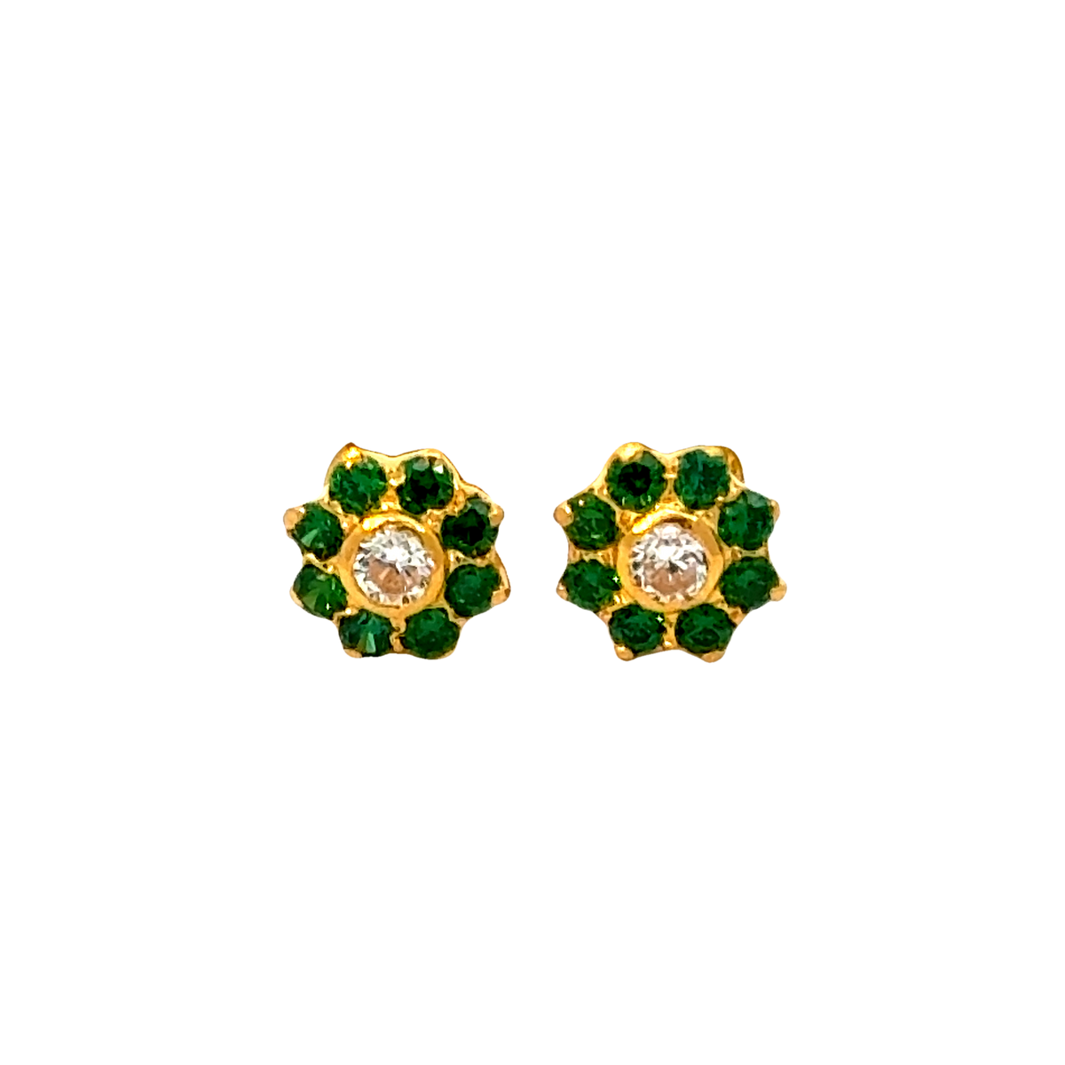 22k Yellow Gold Cubic Zirconia Green Stud Earrings with gold weight of 1.087g