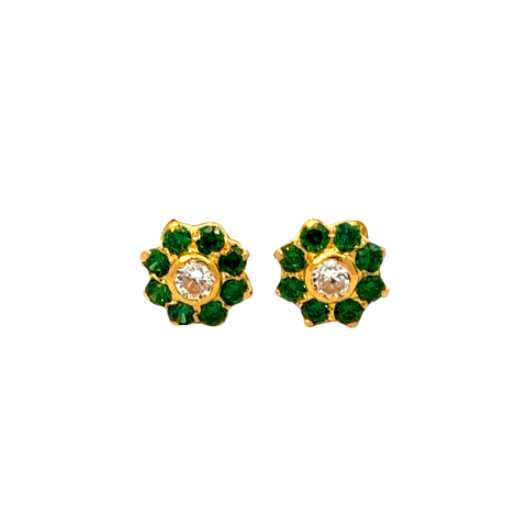 22k Yellow Gold Cubic Zirconia Green Stud Earrings with gold weight of 1.104g