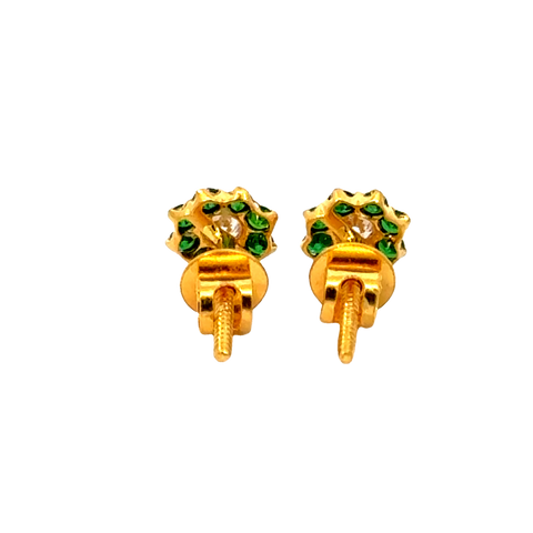 22k Yellow Gold Cubic Zirconia Green Stud Earrings with gold weight of 1.104g