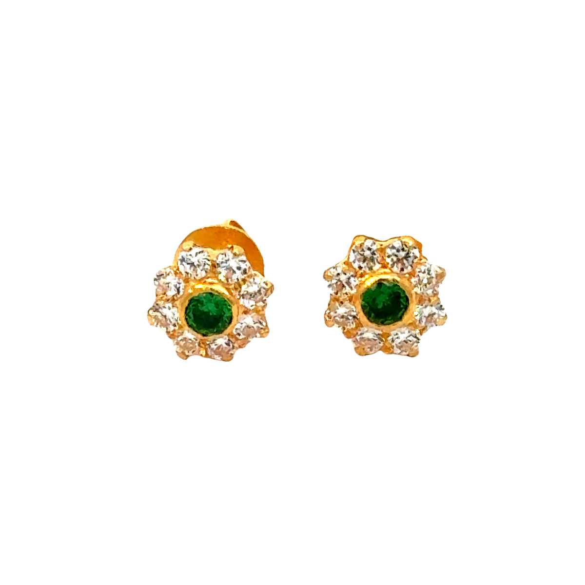 22k Yellow Gold Cubic Zirconia Green Sparkle Stud Earrings with gold weight of 1.087g