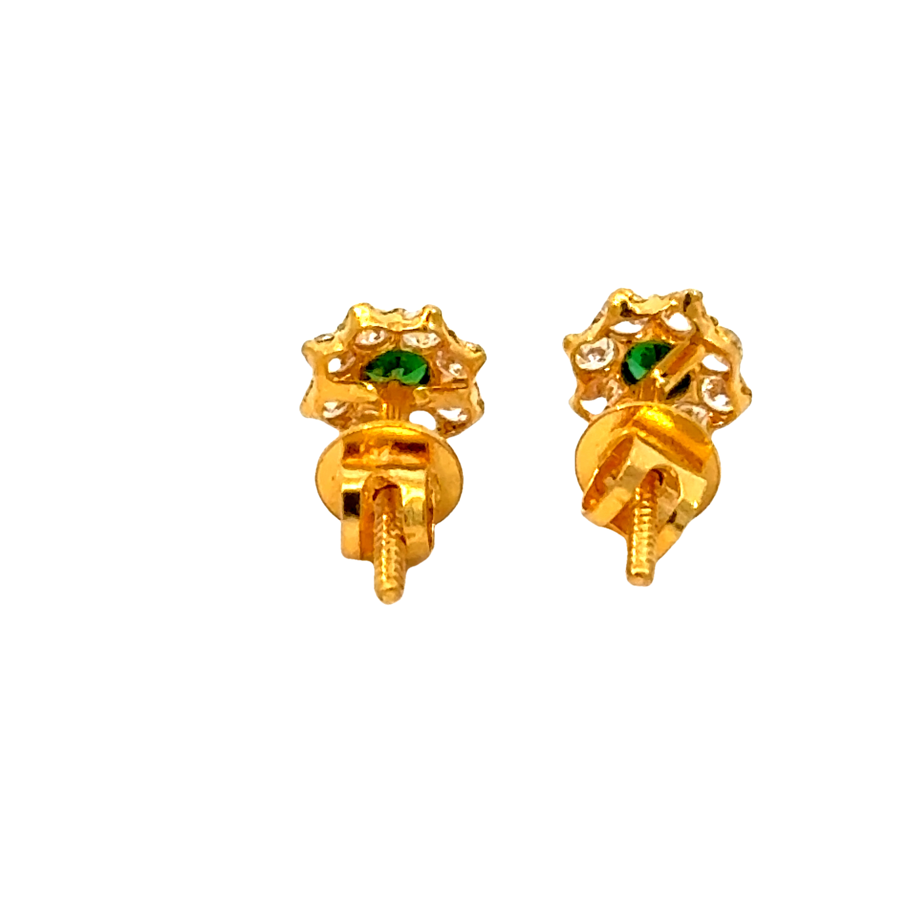 22k Yellow Gold Cubic Zirconia Green Sparkle Stud Earrings with gold weight of 1.087g