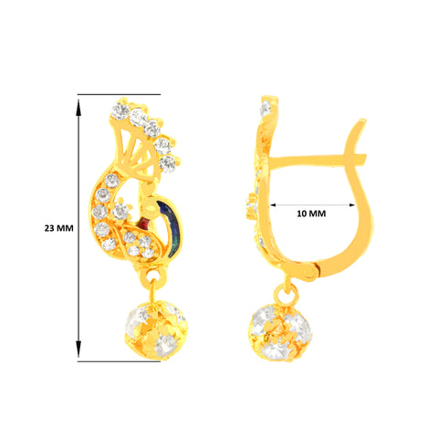 22k Yellow Cubic Zirconia Dangler Peacock Earrings with gold weight of 3.68g