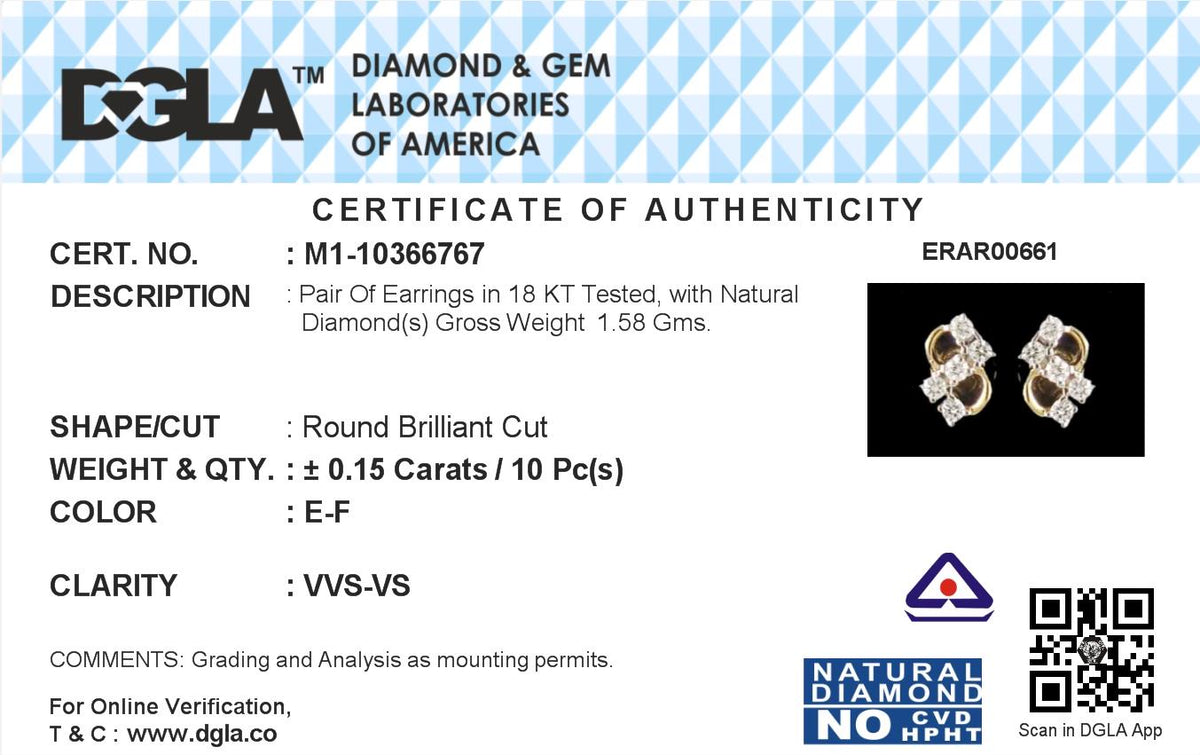 18k Yellow Gold and Diamond Stud with gold weight of 1.58gm