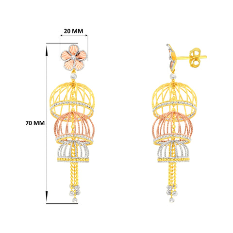 22k Three-Tone Gold Jhoomkas Large Earrings with gold weight of 16.56g