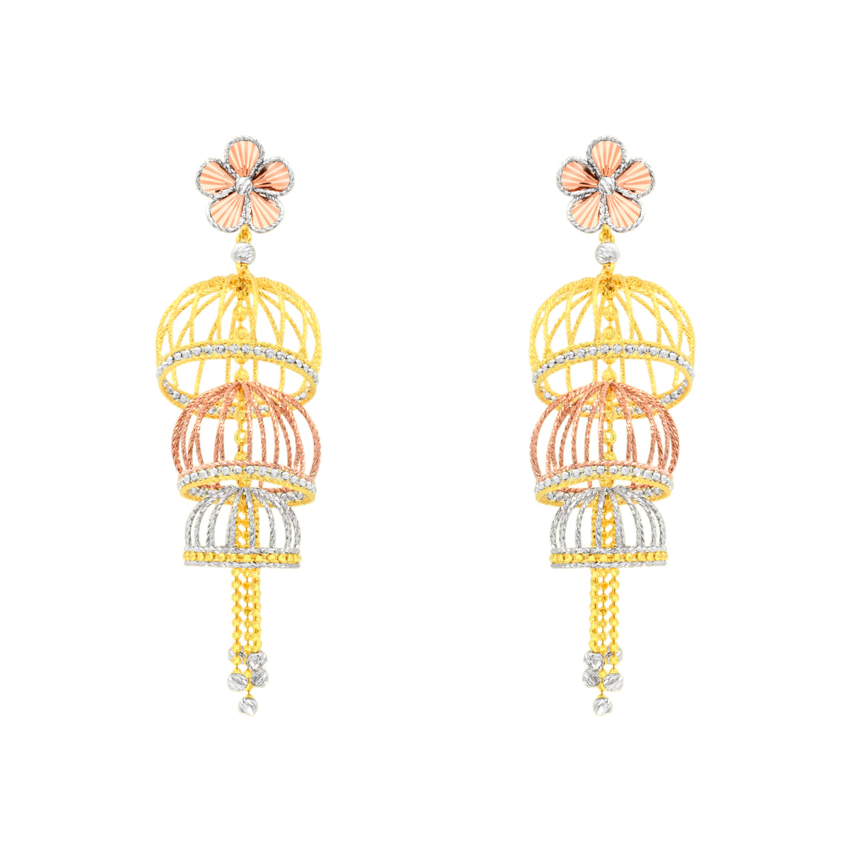 22k Three-Tone Gold Jhoomkas Large Earrings with gold weight of 16.56g