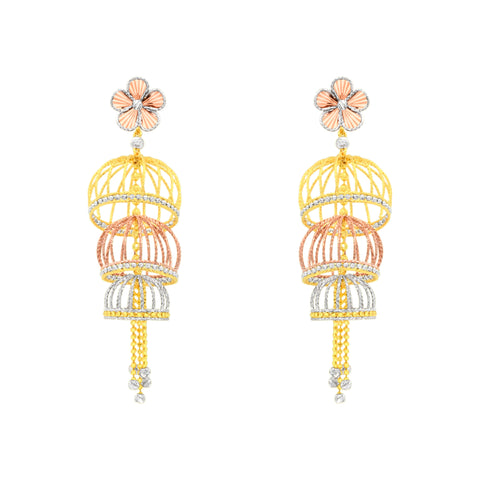 22k Three-Tone Gold Jhoomkas Large Earrings with gold weight of 16.56g