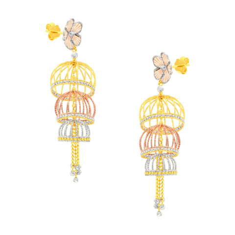 22k Three-Tone Gold Jhoomkas Large Earrings with gold weight of 16.56g