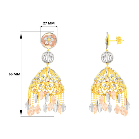 22k Three-Tone Gold Large Jhoomka Earrings with gold weight of 23.42g