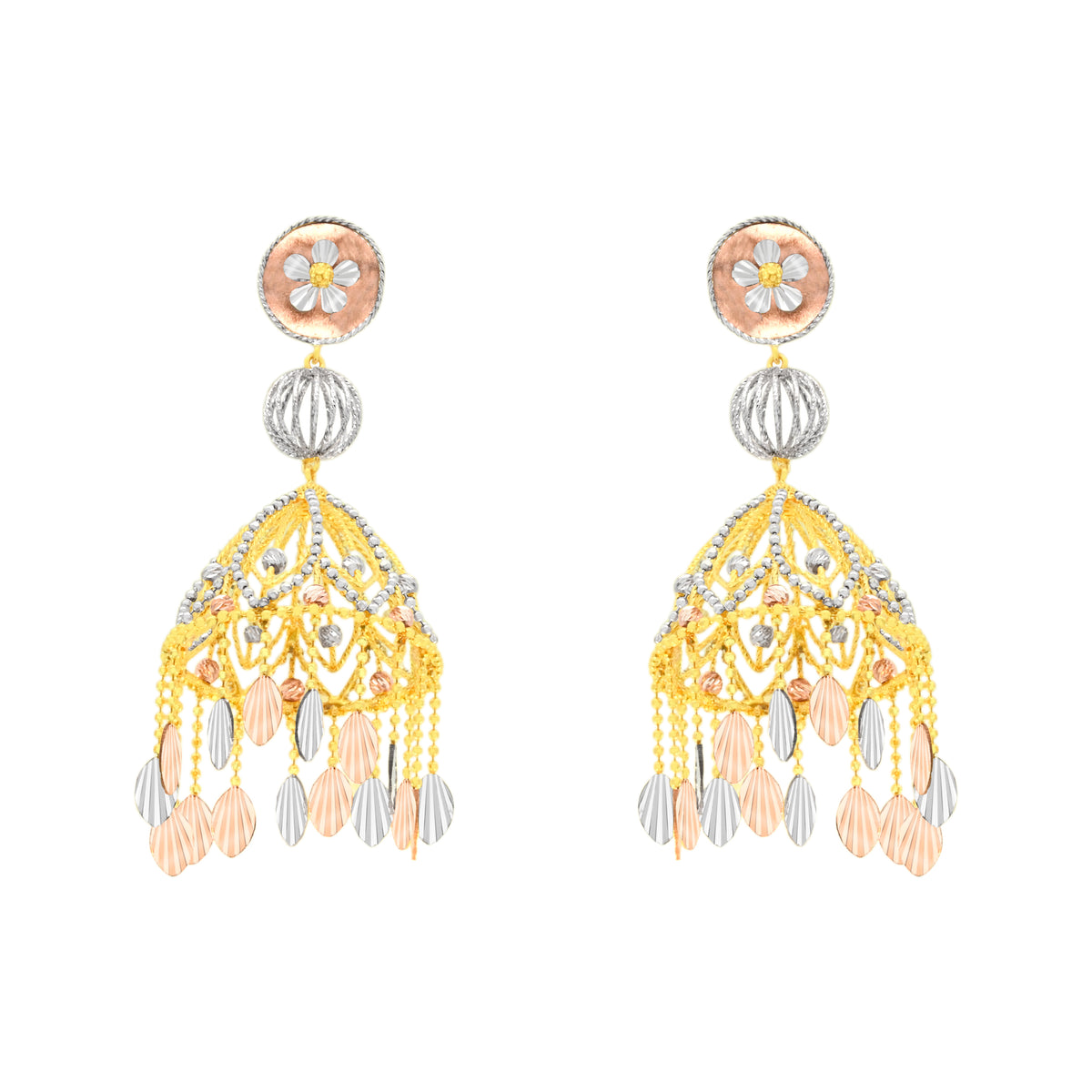 22k Three-Tone Gold Large Jhoomka Earrings with gold weight of 23.42g