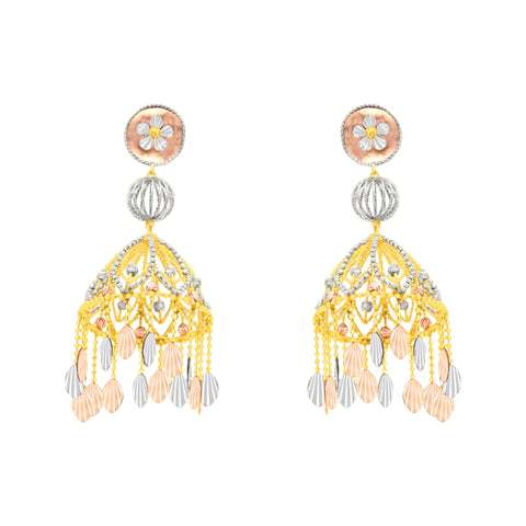 22k Three-Tone Gold Large Jhoomka Earrings with gold weight of 23.42g