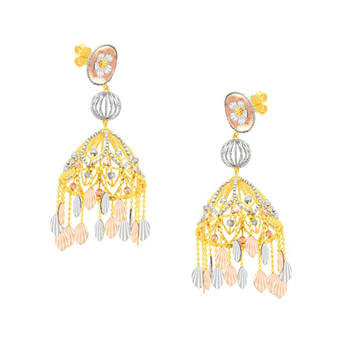 22k Three-Tone Gold Large Jhoomka Earrings with gold weight of 23.42g
