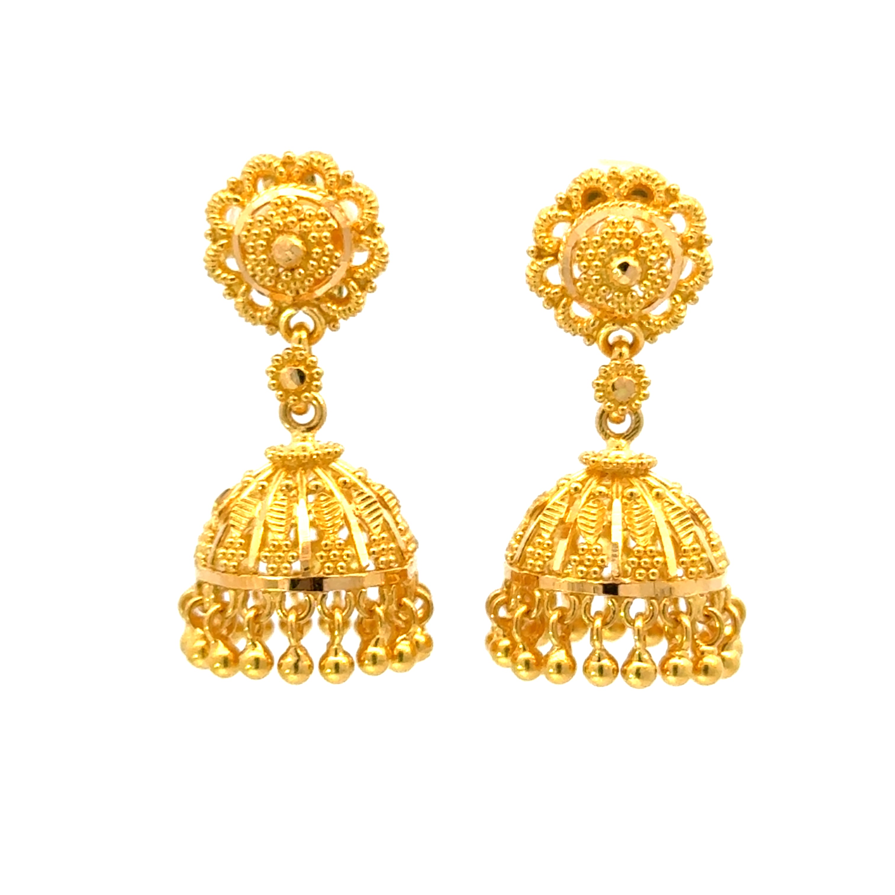 22k Yellow Gold Jhoomkas Filigree Earrings with gold weight of 8.95g