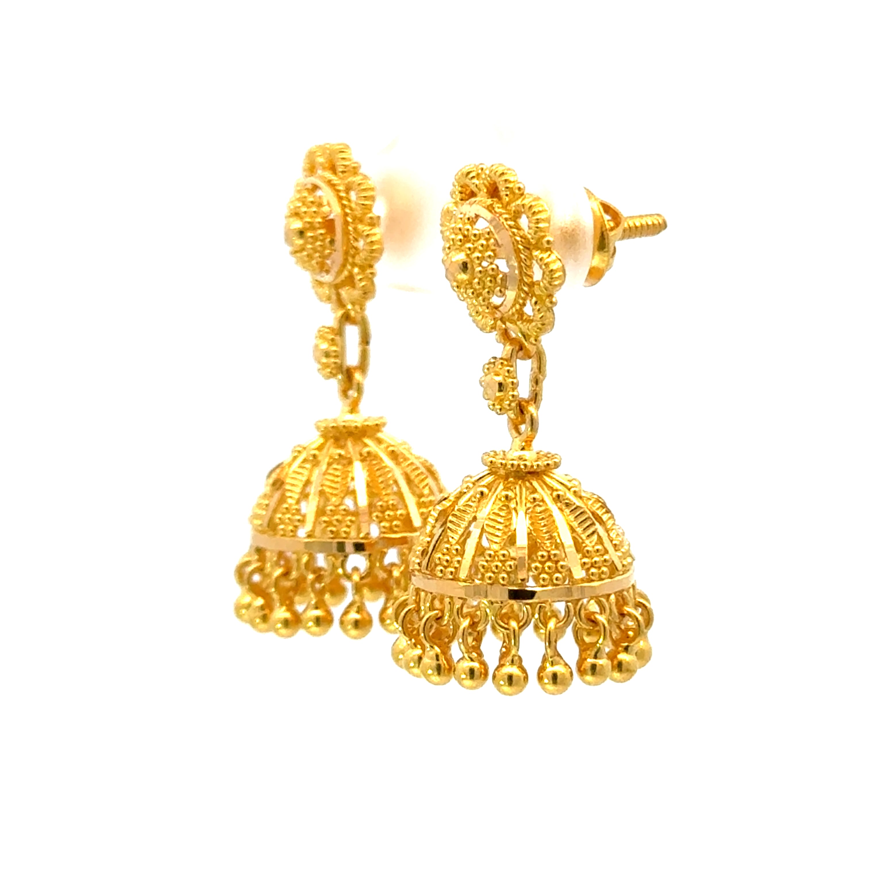 22k Yellow Gold Jhoomkas Filigree Earrings with gold weight of 8.95g