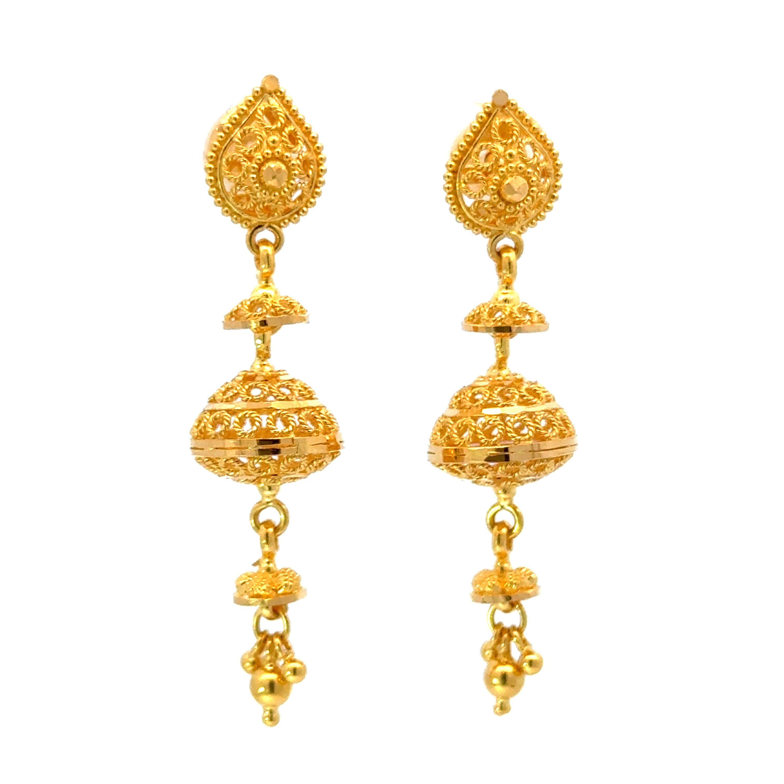 22k Yellow Gold Jhoomkas Filigree Earrings with gold weight of 7.76g