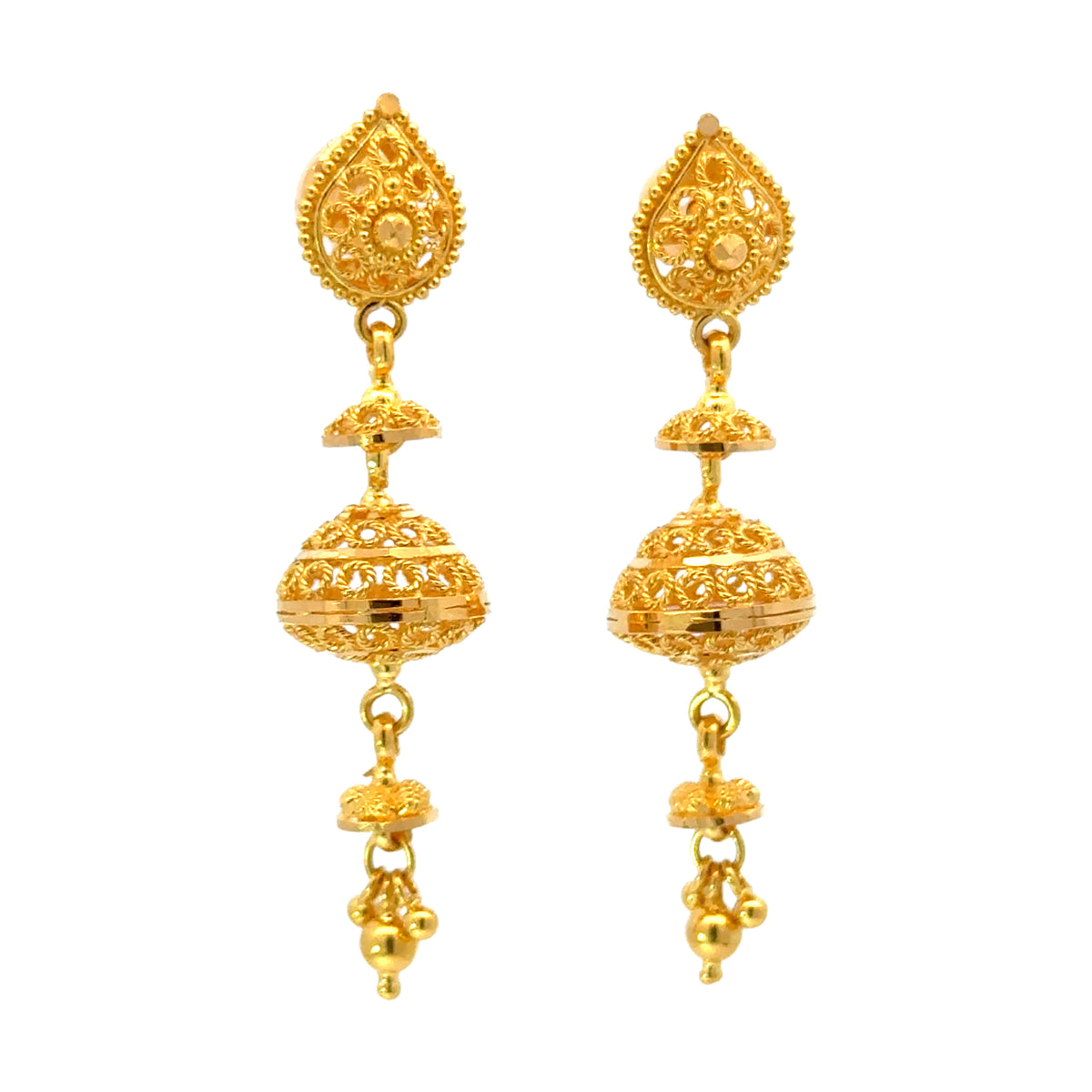 22k Yellow Gold Jhoomkas Filigree Earrings with gold weight of 7.76g