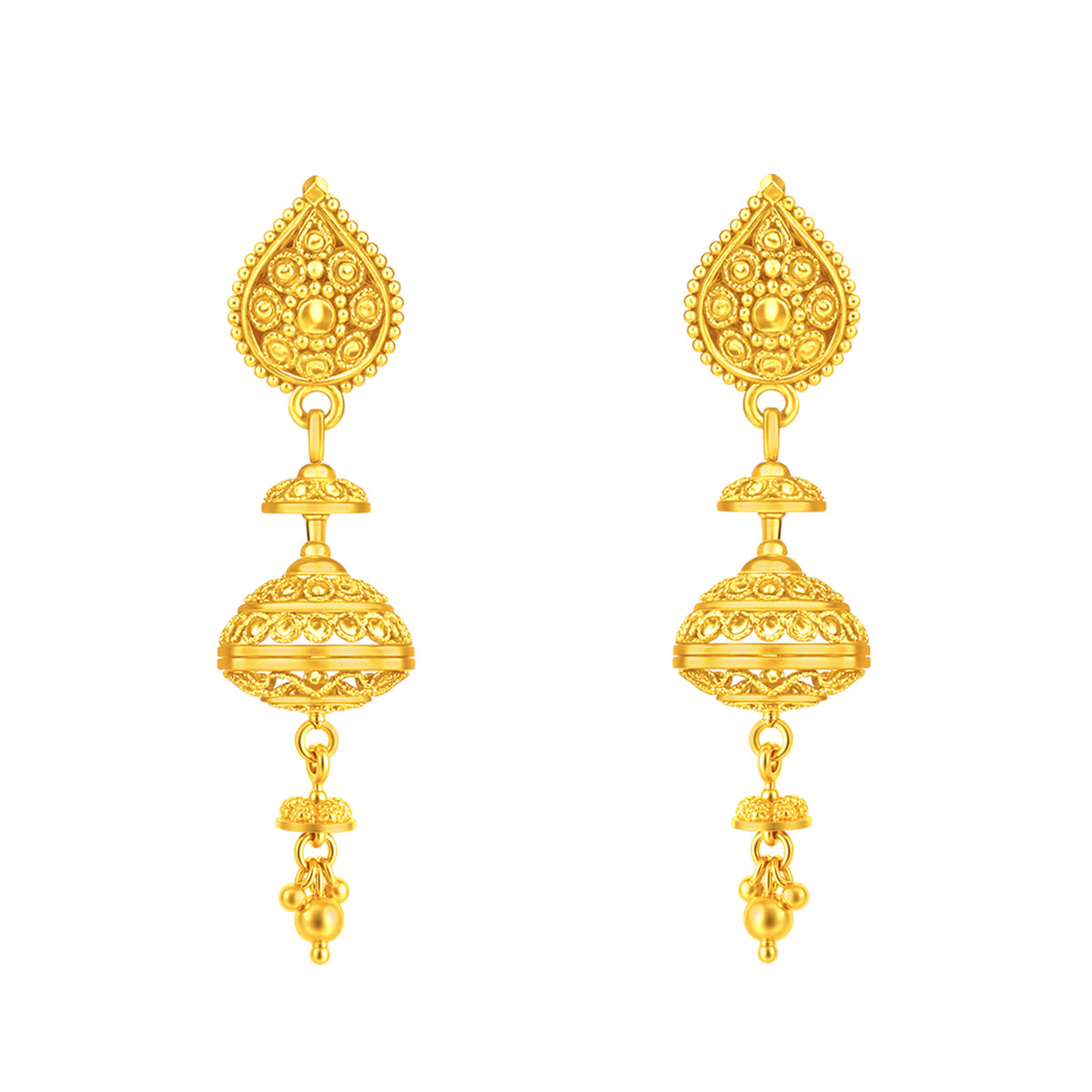 22k Yellow Gold Jhoomkas Filigree Earrings with gold weight of 7.76g