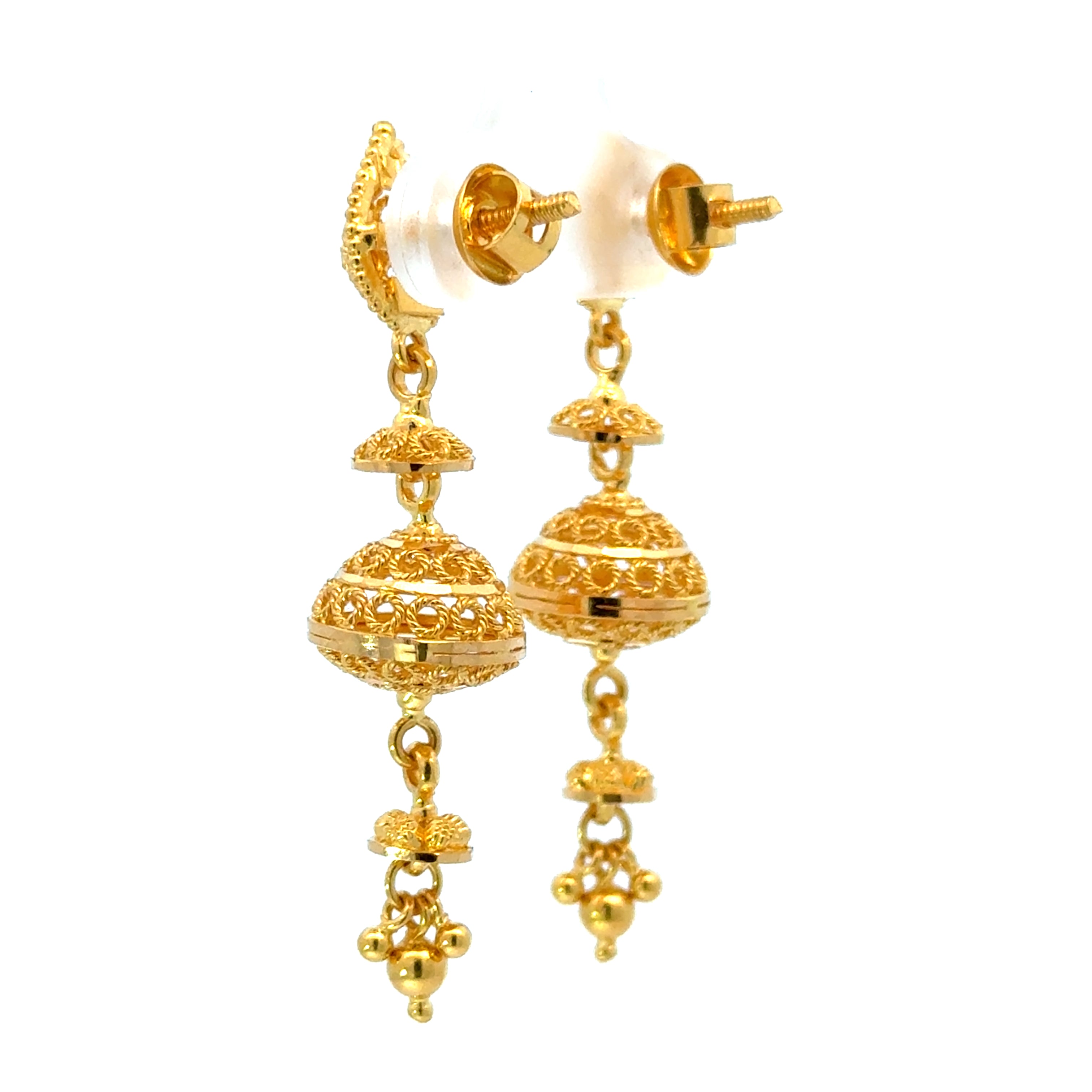 22k Yellow Gold Jhoomkas Filigree Earrings with gold weight of 7.76g