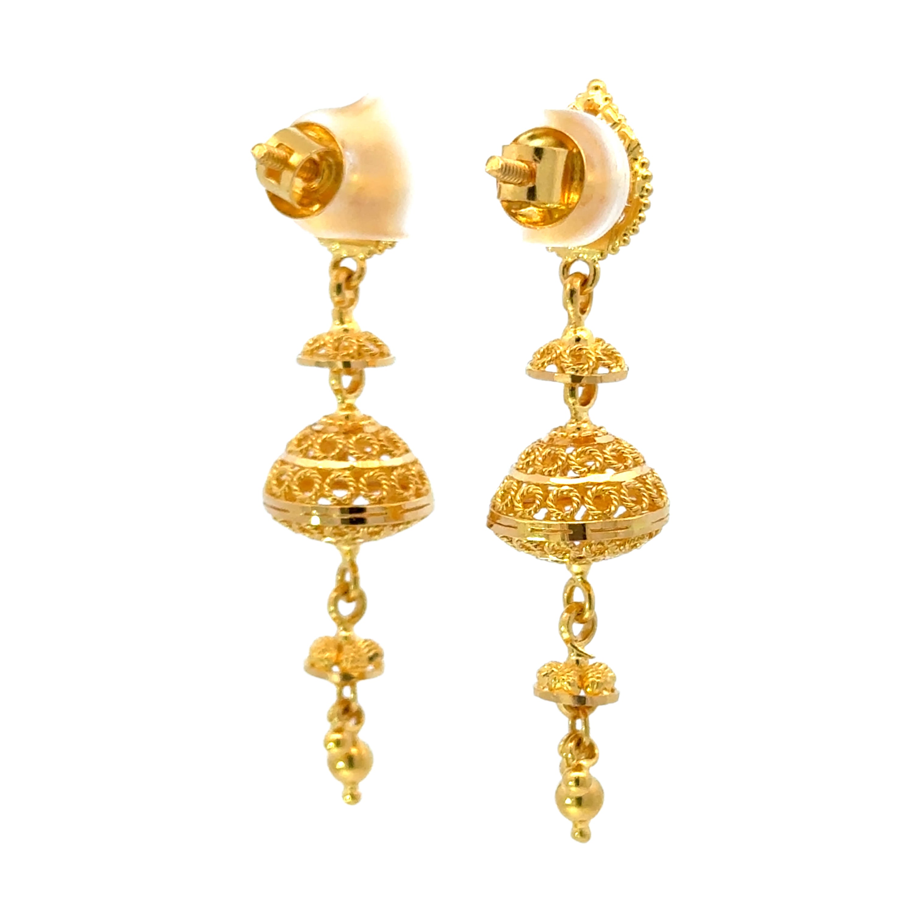 22k Yellow Gold Jhoomkas Filigree Earrings with gold weight of 7.76g