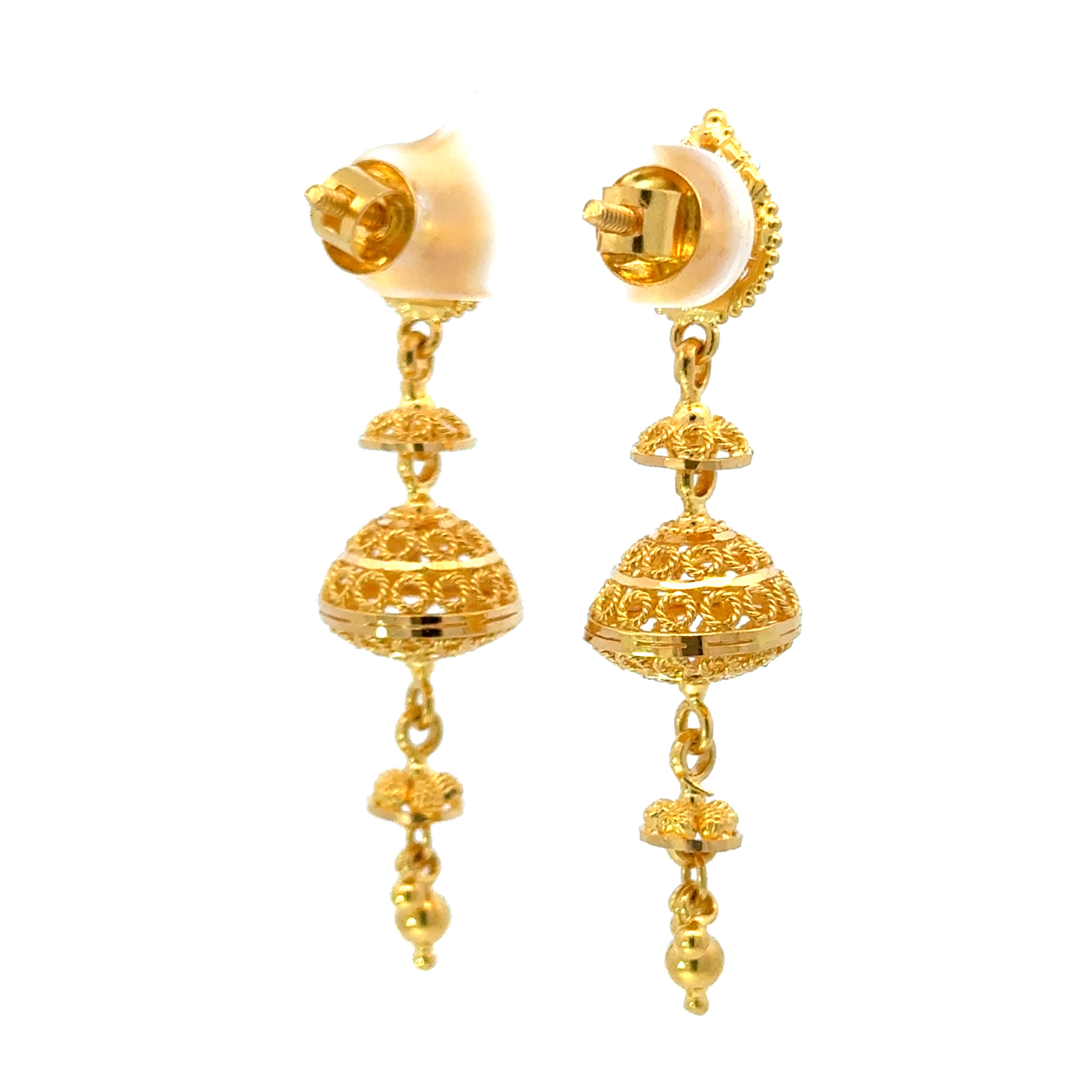 22k Yellow Gold Jhoomkas Filigree Earrings with gold weight of 7.76g