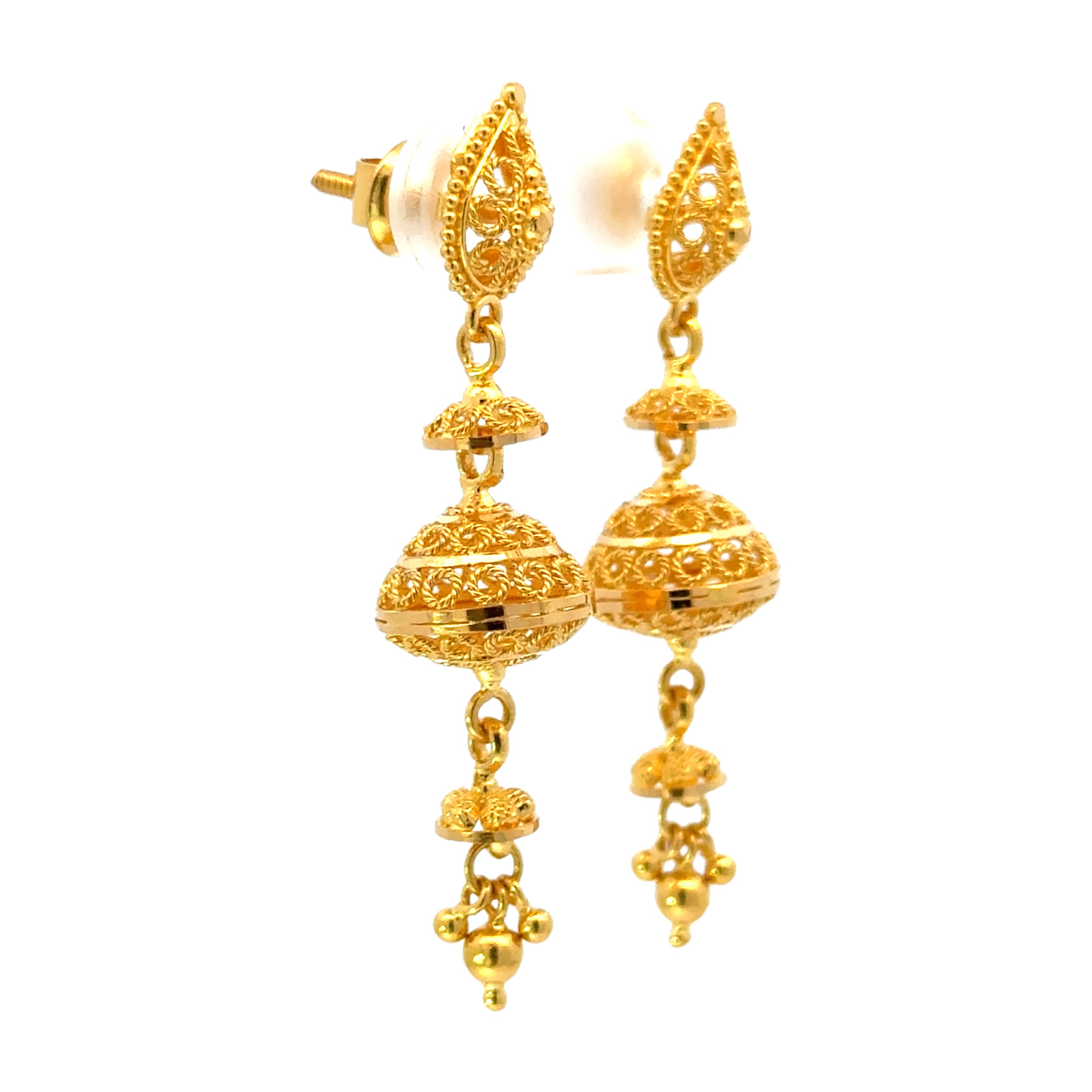 22k Yellow Gold Jhoomkas Filigree Earrings with gold weight of 7.76g