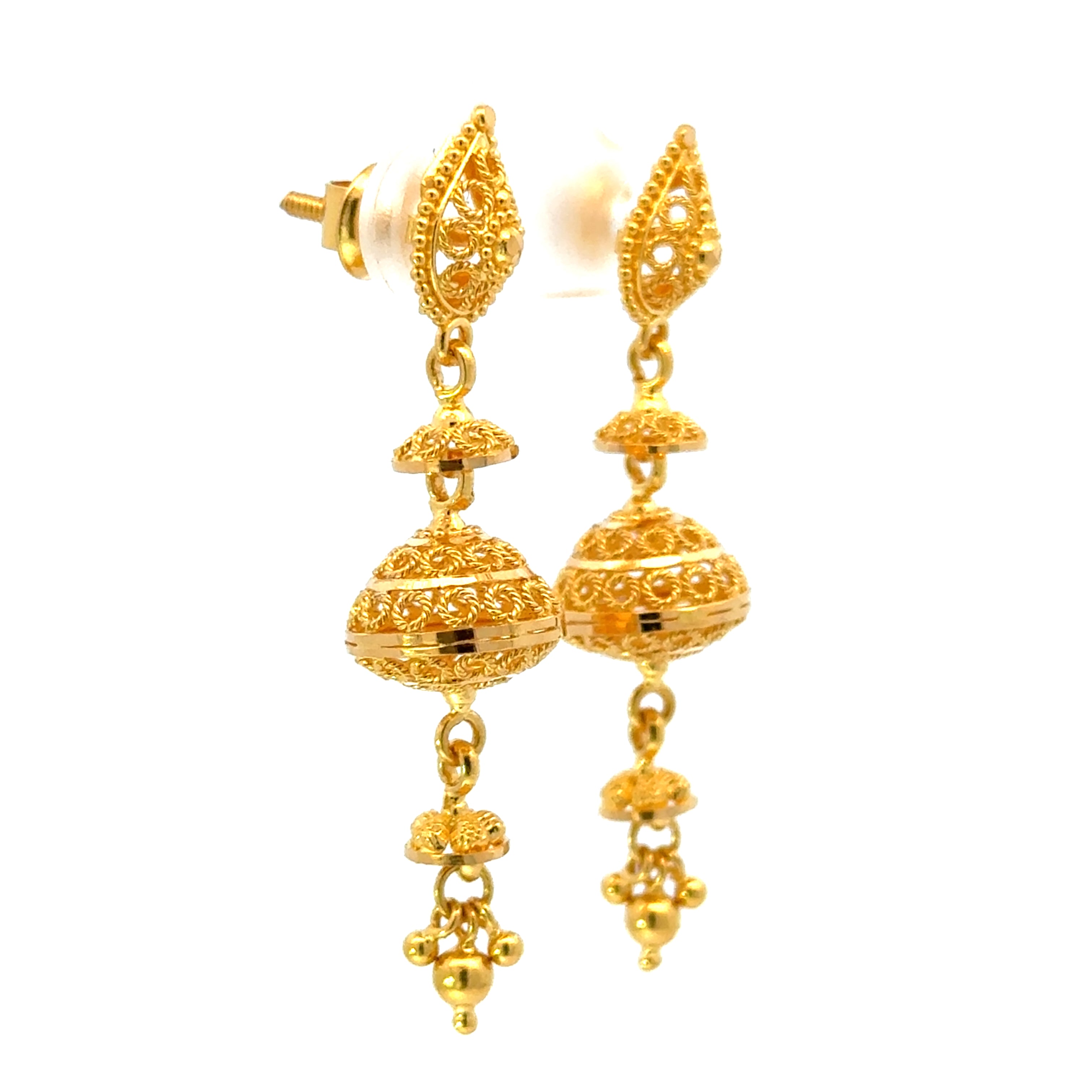 22k Yellow Gold Jhoomkas Filigree Earrings with gold weight of 7.76g