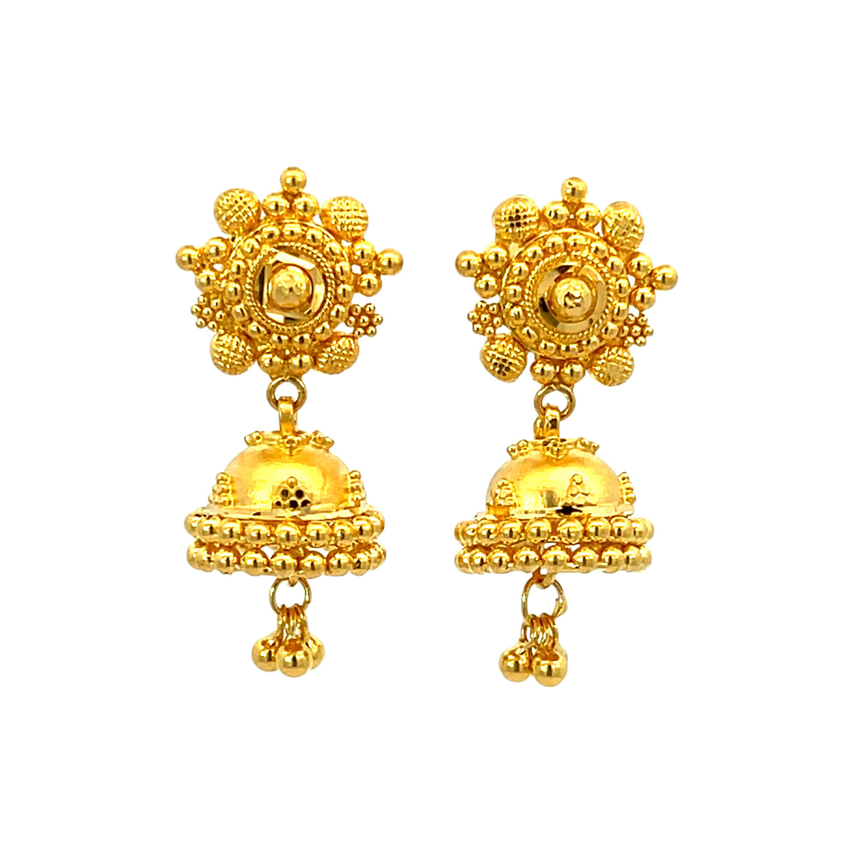 22k Yellow Gold Filigree Jhoomkas Medium Earrings with gold weight of 9.14g