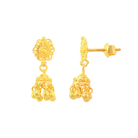 22k Yellow Gold Jhoomkas Earrings with gold weight of 3.65g