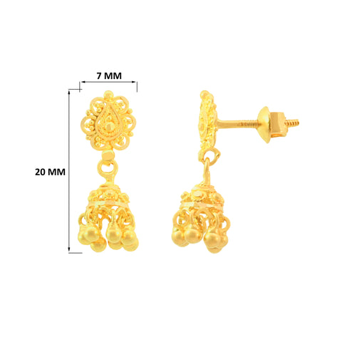 22k Yellow Gold Jhoomkas Earrings with gold weight of 3.65g