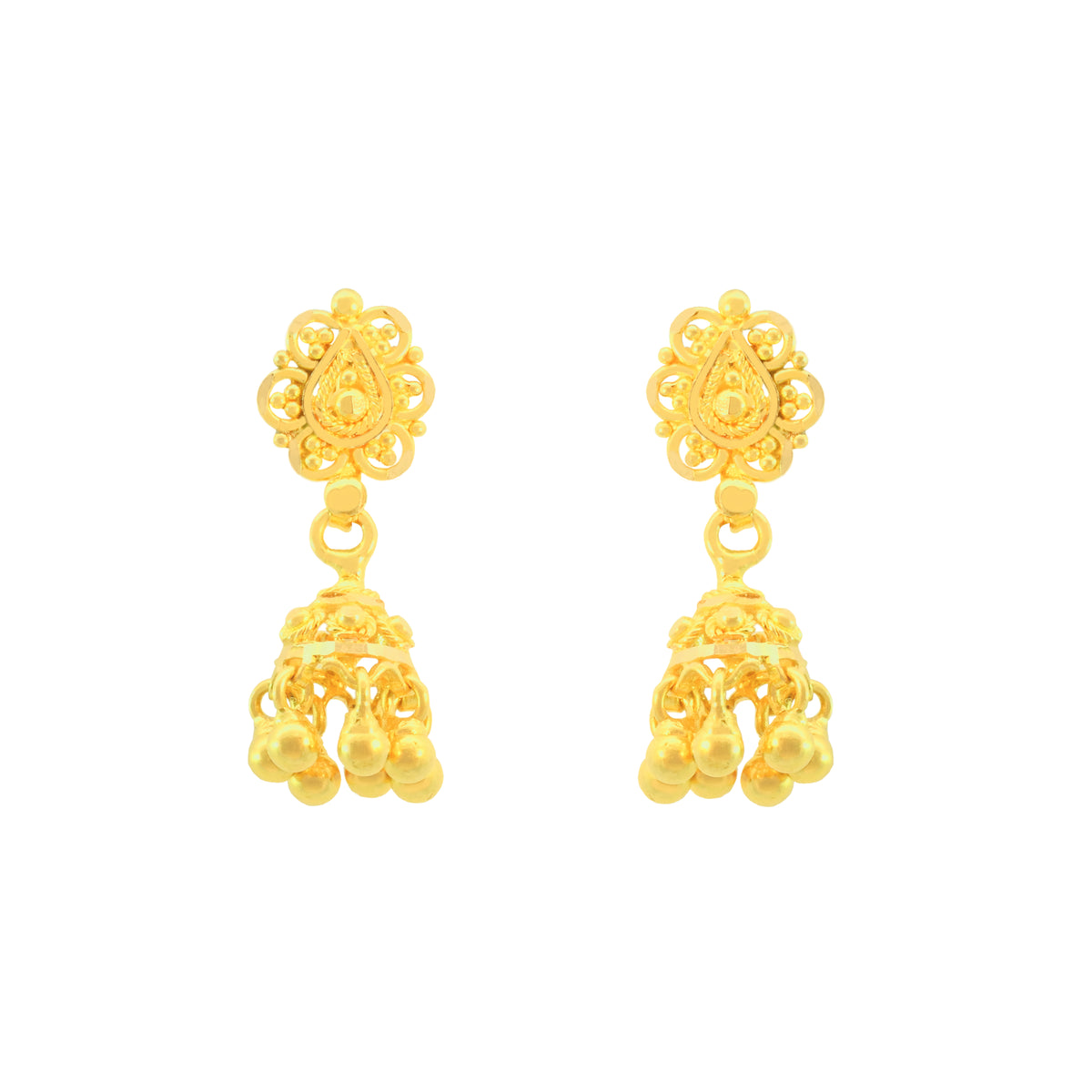 22k Yellow Gold Jhoomkas Earrings with gold weight of 3.65g