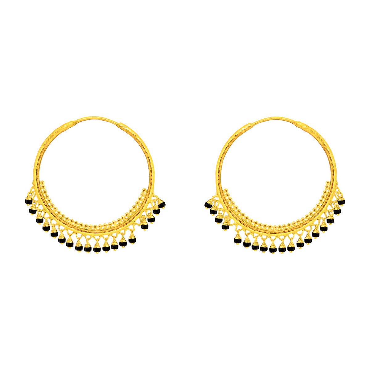 22K Gold Large Black Bead Round Hoop Earrings